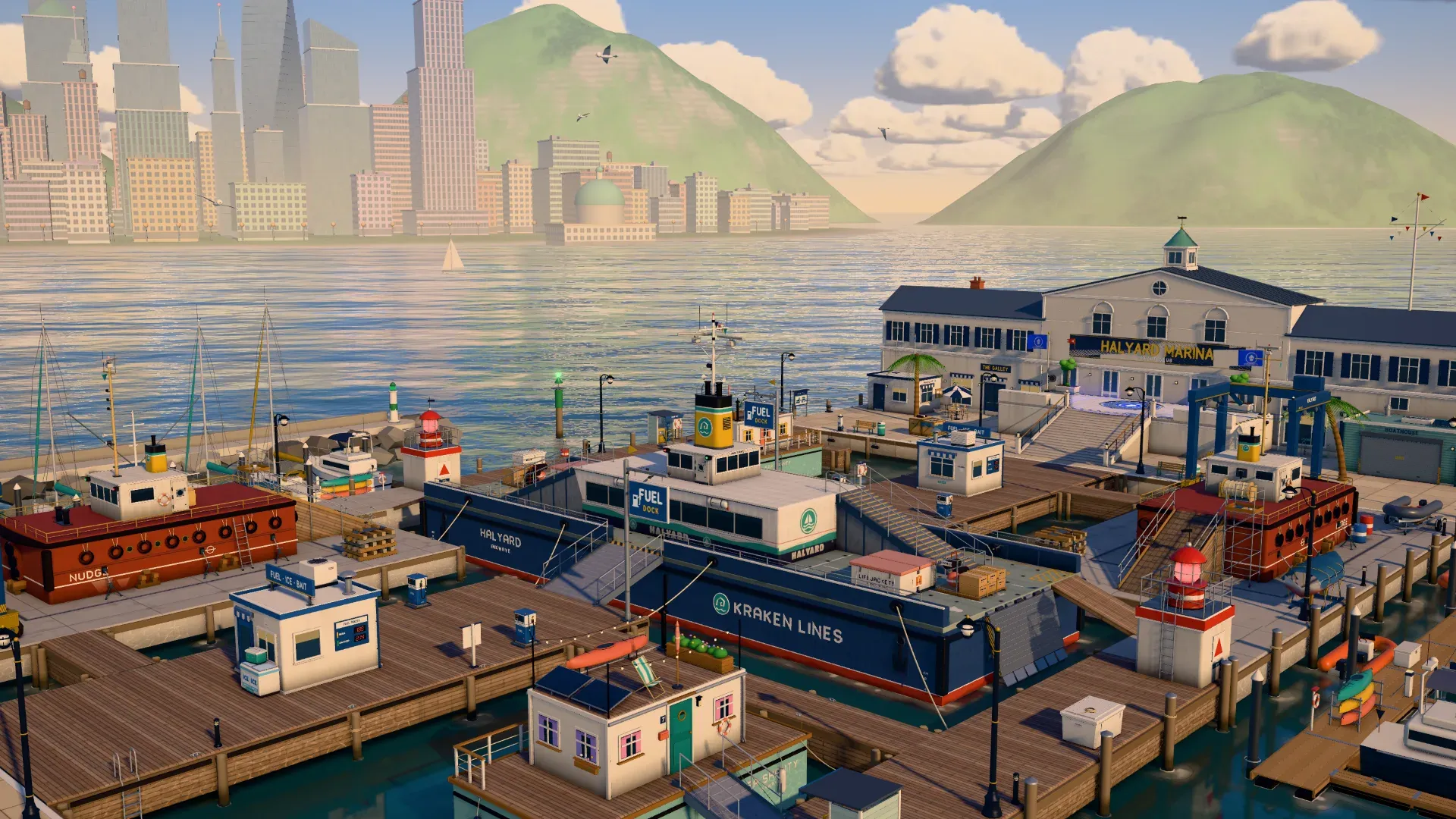 Halyard Marina at day: a car ferry moored across a sunlit harbour arena.