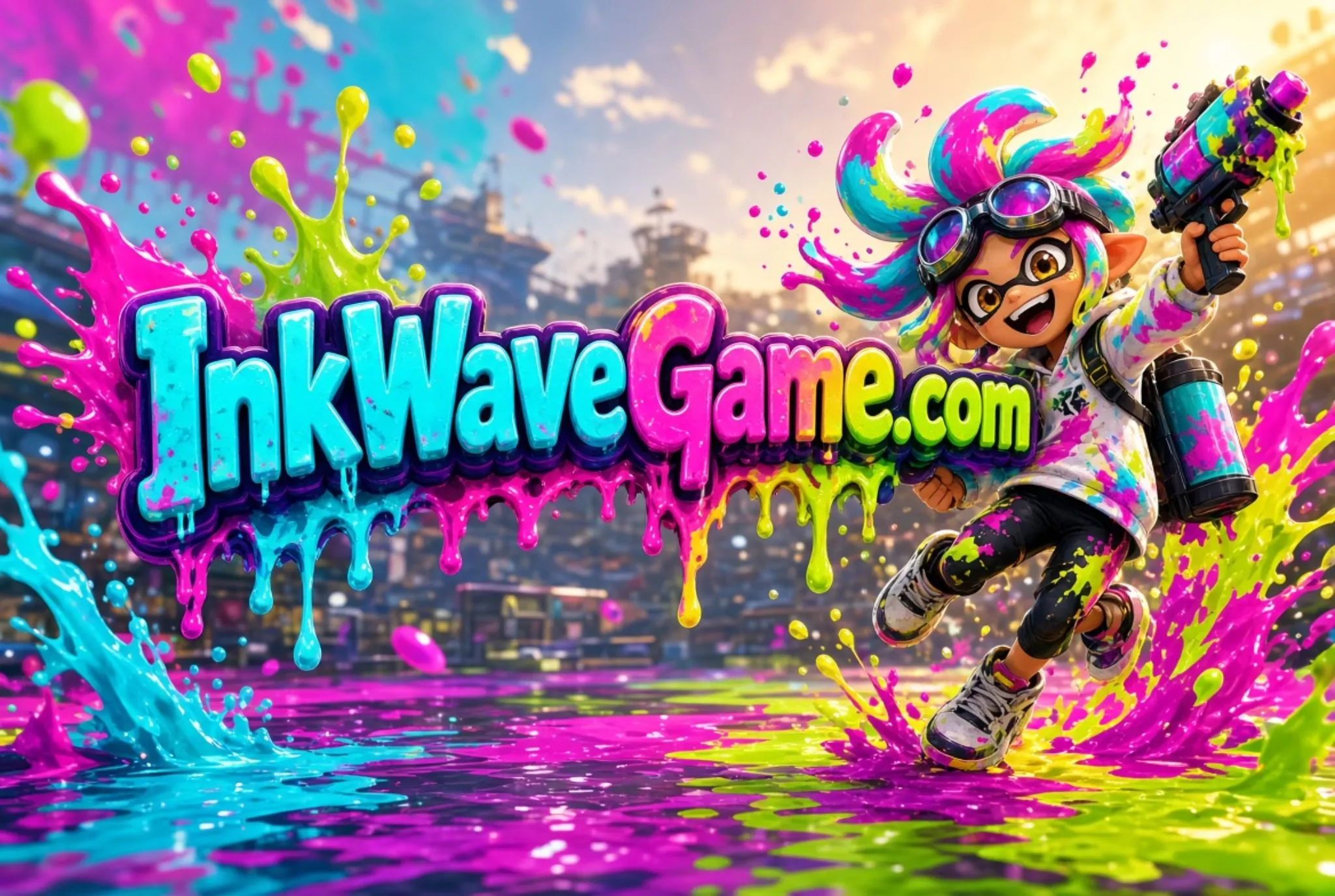 INKWAVE key art: a squidkid with cyan, magenta and lime tentacles paints a bright harbour arena with neon ink.