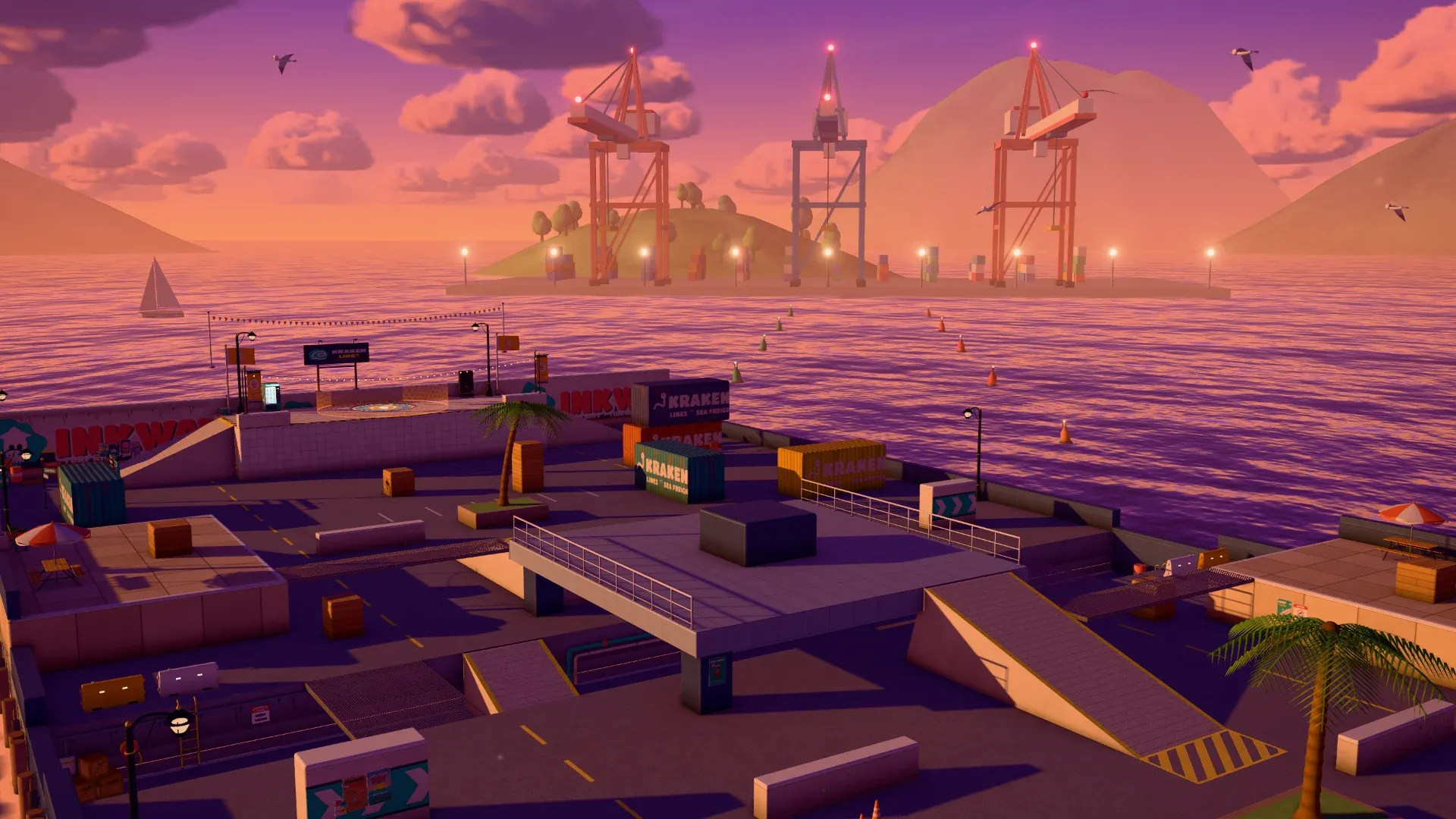 Kelpline Terminal at dusk: container cranes and grate catwalks under a deep blue sky.